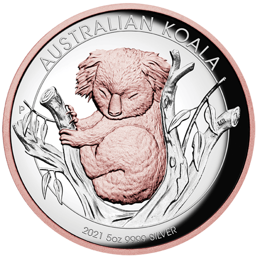 2021 australian koala 5oz. 9999 silver proof high relief rose gold gilded coin