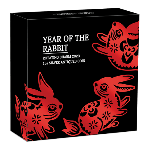 2023 year of the rabbit rotating charm 1oz silver antiqued coin