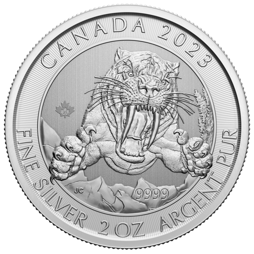 2023 ice age - smilodon sabre-toothed cat 2oz. 9999 silver bullion coin
