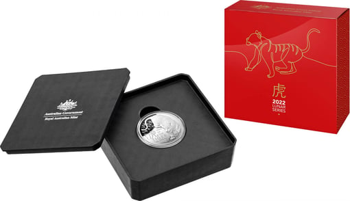 2022 $5 lunar year of the tiger 1oz. 999 silver domed proof coin