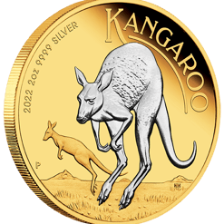 2022 australian kangaroo 2oz. 9999 silver reverse gilded coin