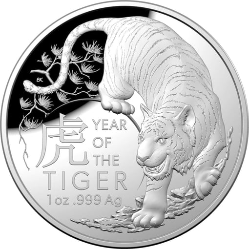 2022 $5 lunar year of the tiger 1oz. 999 silver domed proof coin