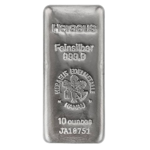 Heraeus 10oz. 9999 silver cast bullion bar