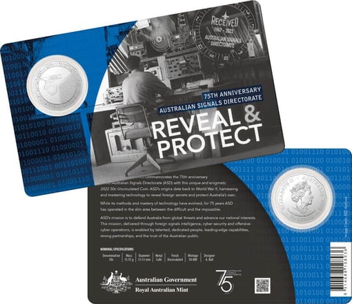 2022 50c 75th anniversary of the australian signals directorate uncirculated coin in card - cuni