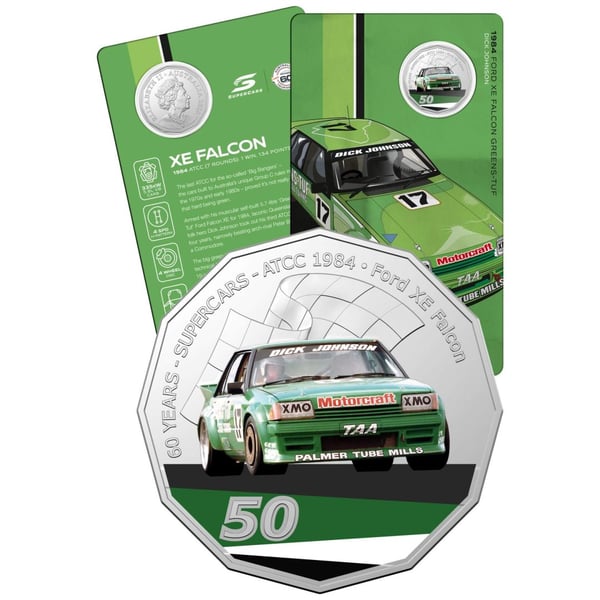 10498-2020-50c-1984-ford-xe-falcon-greens-tuf-60-years-of-supercars-coloured-coin-in-card