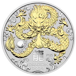 2024 Year of the Dragon 1oz .9999 Silver Gilded Coin - Lunar Series III