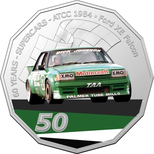 10498-2020-50c-1984-ford-xe-falcon-greens-tuf-60-years-of-supercars-coloured-coin-in-card