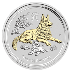 2018 1 oz - Silver Coin – Gilded Dog in Capsule - The Perth Mint 999 & 9999