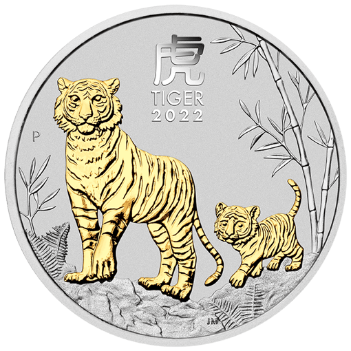 2022 year of the tiger trio 1oz. 9999 silver gilded coin - lunar series iii