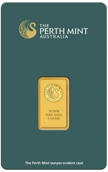 Perth mint kangaroo 5g. 9999 gold minted bullion bar - green security card