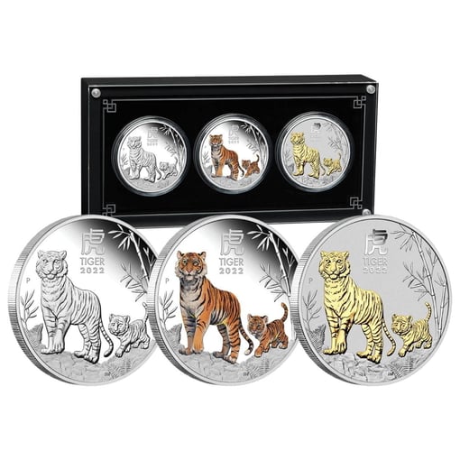 2022 year of the tiger trio 1oz. 9999 silver proof three coin set - lunar series iii