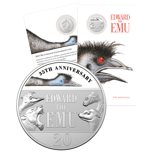 2023 20c 35th anniversary of edward the emu coloured coin in card - cuni