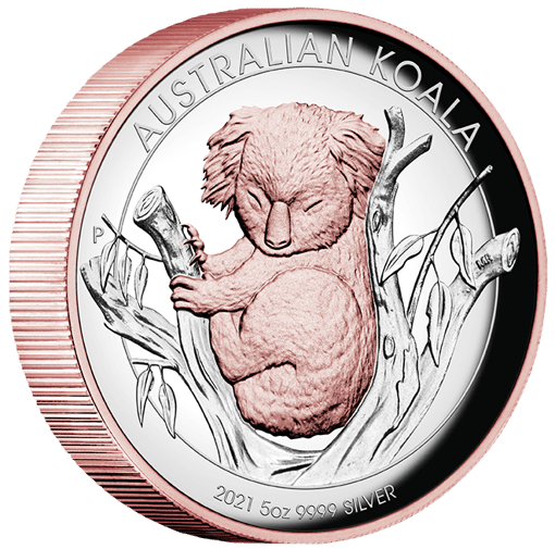 2021 australian koala 5oz. 9999 silver proof high relief rose gold gilded coin