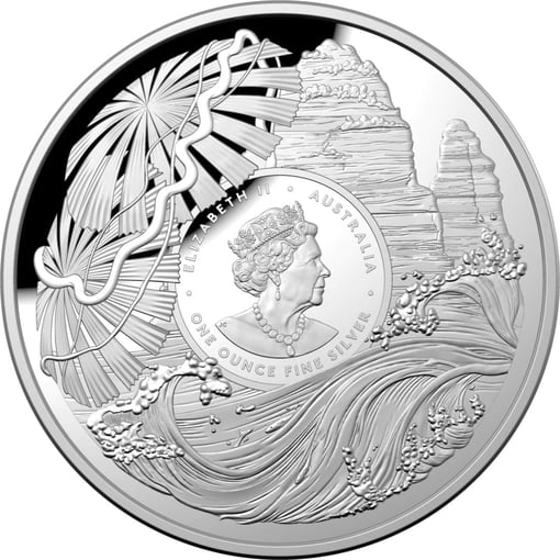 2022 $5 great barrier reef 1oz. 999 silver coloured proof domed coin