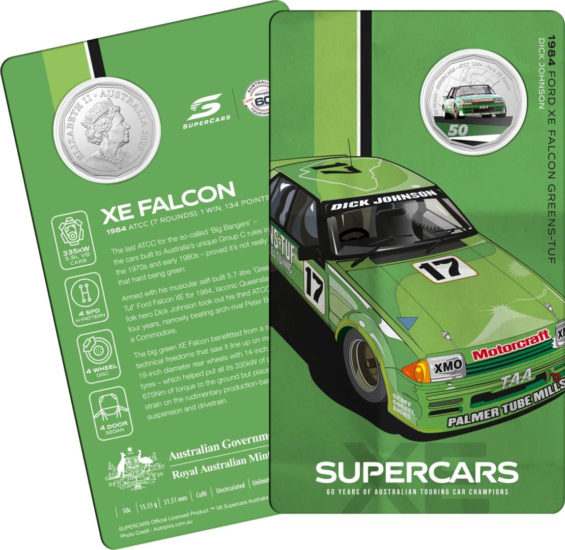 10498-2020-50c-1984-ford-xe-falcon-greens-tuf-60-years-of-supercars-coloured-coin-in-card