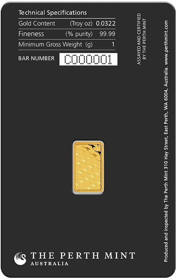 Perth Mint Kangaroo 1g .9999 Gold Minted Bullion Bar 6