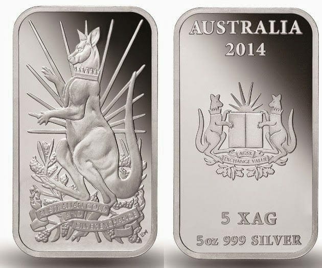 2014 Australian Kangaroo 5oz .999 Silver Minted Bullion Bar - XAG / AGSX 2