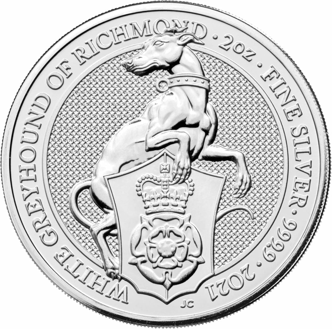 2021 The Queen’s Beasts – The White Greyhound of Richmond 2oz .9999 Silver Bullion Coin 1