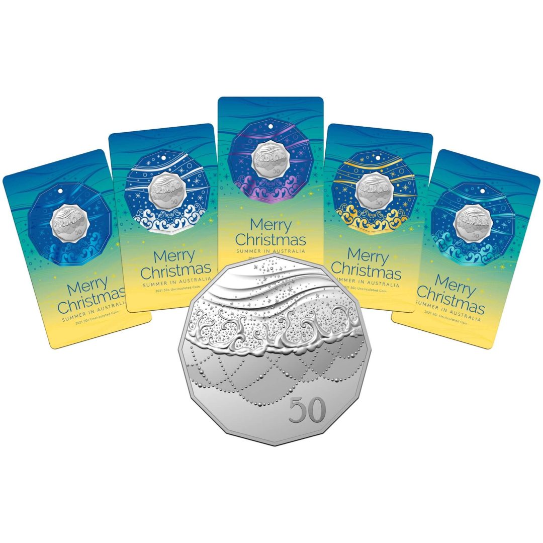 2021 50c Beach Christmas Coin Decoration in Pop-Out Card - Pack of 5 - CuNi