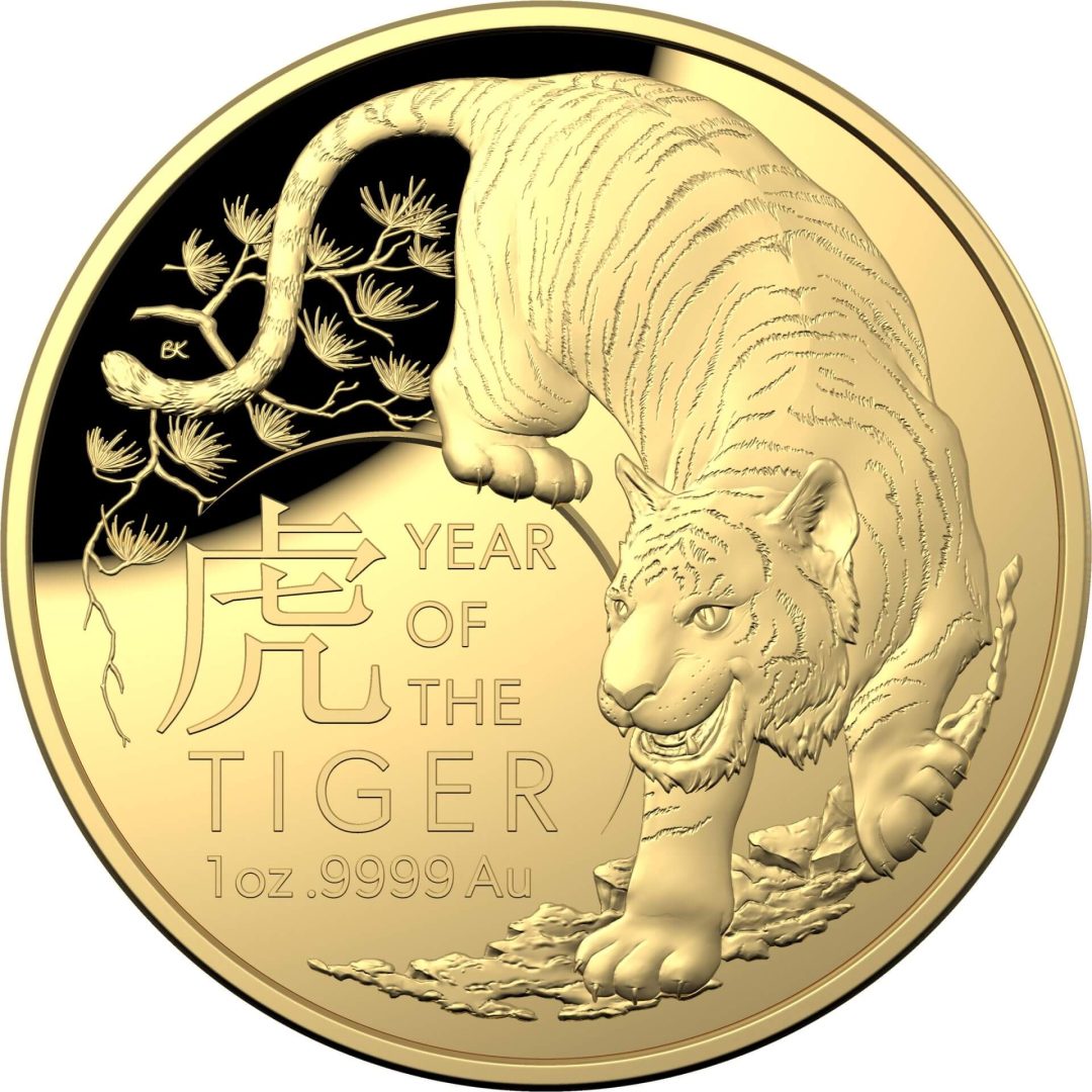 2022 $100 Lunar Year of the Tiger 1oz .9999 Gold Domed Proof Coin