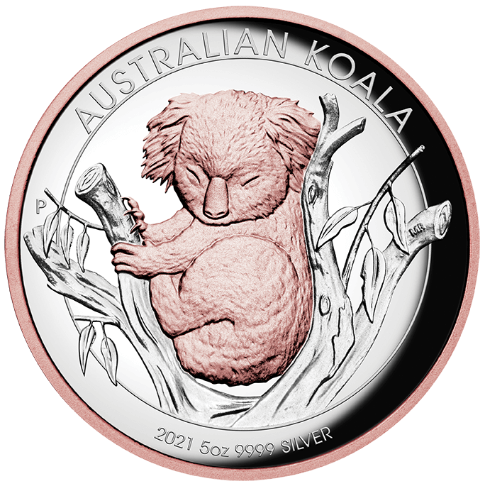 2021 Australian Koala 5oz .9999 Silver Proof High Relief Rose Gold Gilded Coin