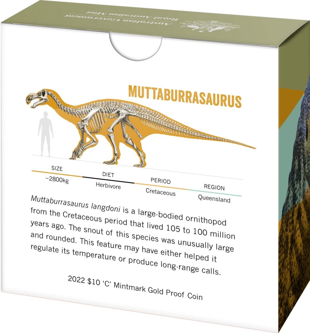2022 $10 Australian Dinosaurs Down Under 1/10oz .9999 'C' Mintmark Gold Proof Coin 1