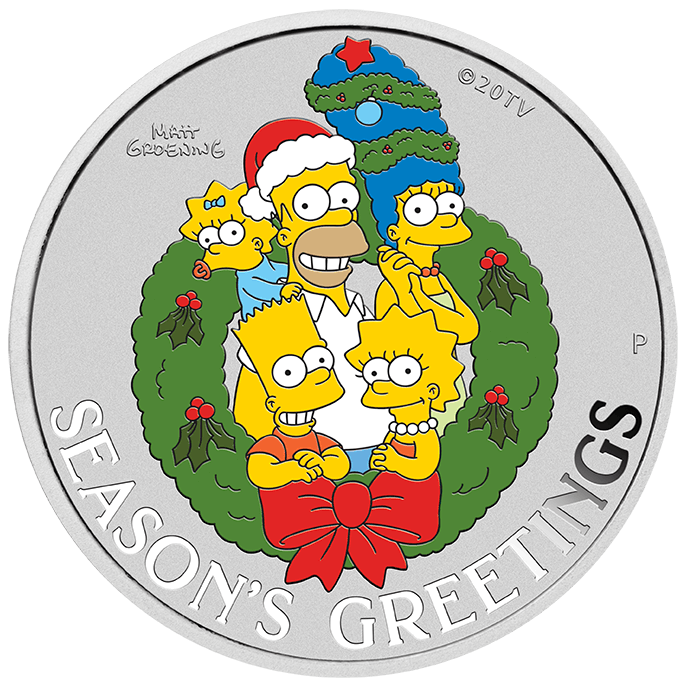 2022 The Simpsons - Christmas Season's Greetings 1oz .9999 Silver Coloured Coin in Card
