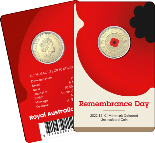 2022 $2 remembrance day red poppy c mintmark coloured uncirculated coin in card albr